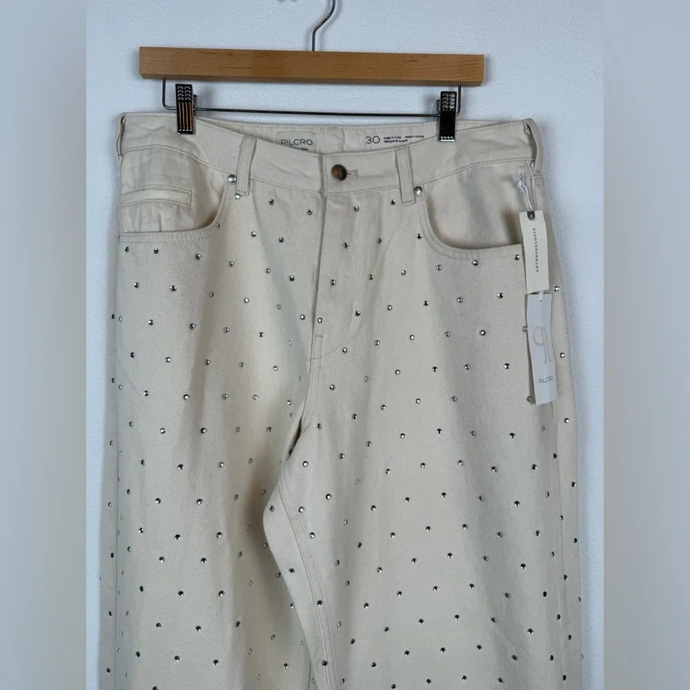 NWT Anthropologie Pilcro Sparkle Relaxed Wide Leg Cuff Jeans Ivory 30